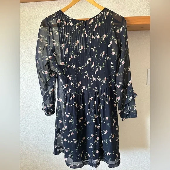 Club Monaco Silk Catira Floral Pleated Mini Dress Navy Size 0 - Picture 3 of 5